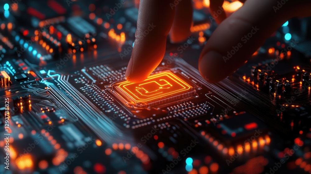 Poster A person interacting with an AI icon embedded in a semiconductor circuit, representing machine learning and advanced technology