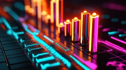 Financial chart with glowing 3D bar and line graphs, futuristic stock market trends visualization