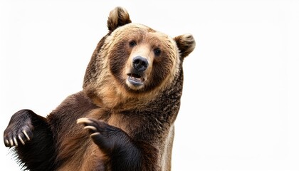 Happy Smiling Dancing Grizzly Bear in a Vibrant, Joyous Morning Forest Scene, the Majestic Animal Gracefully Dances Amidst the Warmth and Serenity of Natures First Light.