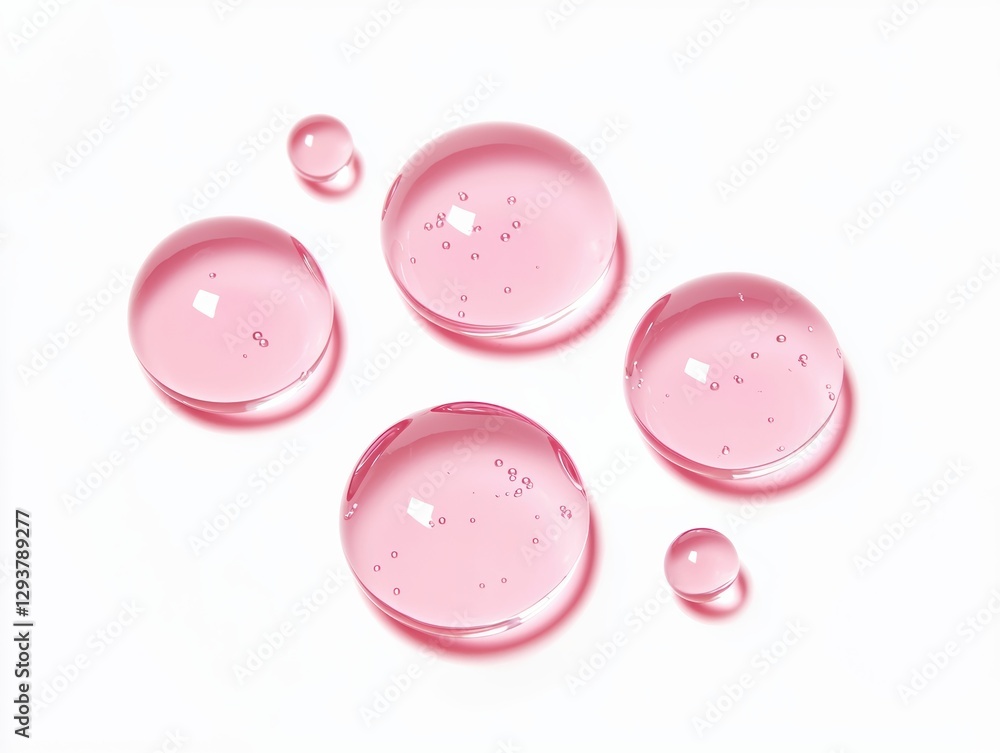 Poster Pink serum drops creating a textured pattern on white background