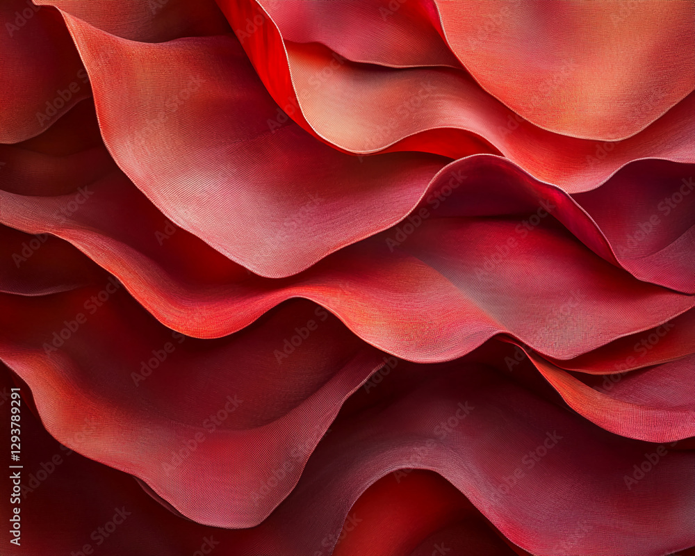 Poster Close-up of red flowing fabric with gentle curves, showcasing textured folds and undulating patterns, symbolizing elegance, smoothness, and dynamic design in textiles.
