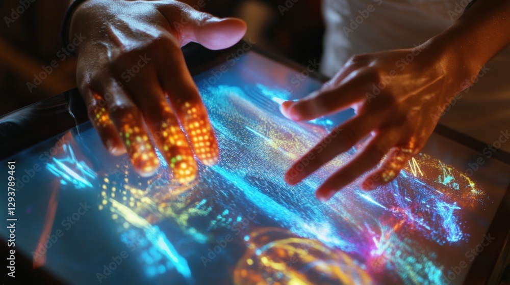 Poster two software engineers collaborating on a futuristic interactive touchscreen table, developing an in