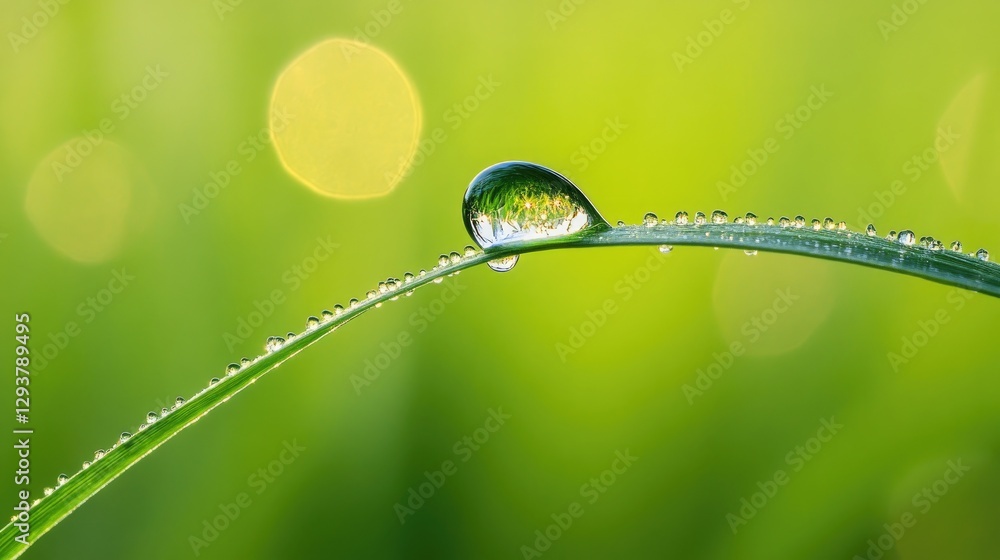 Poster a pristine dewdrop balances on a slender grass blade, symbolizing nature serenity and the delicate b