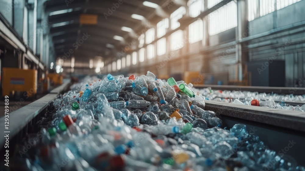 Aufkleber a recycling facility with a large pile of crushed plastic bottles, ready for sorting and processing,