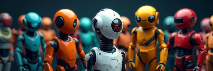 Diverse robotic figures gather, varied designs,  science,  plastic,  android