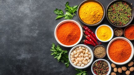 Vibrant culinary arrangement of a variety of exotic spices herbs and fresh ingredients on a dark background showcasing the diverse flavors and colors for homemade meals and unique cooking experiences
