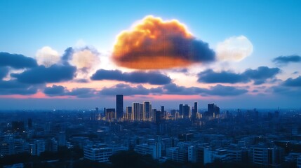 Digital Cloud Computing Over Cityscape At Sunset