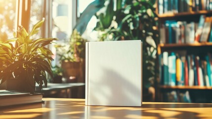 Fototapeta premium Blank book on wooden table in a sunlit library