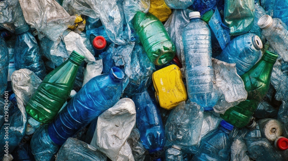 Poster A recycling facility with a large pile of crushed plastic bottles, ready for sorting and processing, showcasing sustainability efforts