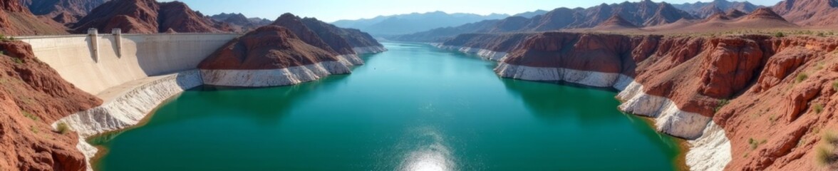 Fototapeta premium Imposing concrete dam; vast turquoise reservoir reflecting sunlight, development, massive
