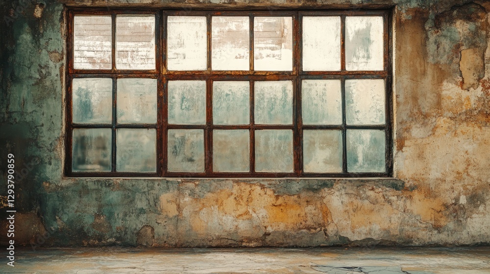 Poster a rustic old wall with large panoramic windows, providing clear space for design elements or text, p