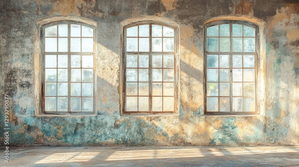 Poster A rustic old wall with large panoramic windows, providing clear space for design elements or text, perfect for vintage or architectural visuals