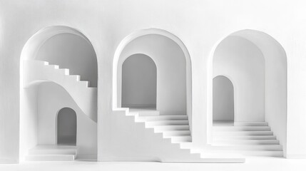 Fototapeta premium Abstract white architectural arches, stairs, interior design, 3D model, minimalist scene, product presentation, background