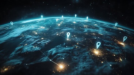 Earth in Space with Location Markers, A digital illustration of Earth in space with location markers highlighting gps tracker