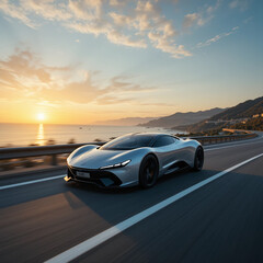 고급 승용차가 해안가 도로를 따라 주행하고 있는 사진