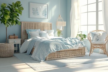 Beach-themed Bedroom Designed With Rattan Furniture, Nautical Decor, and a Serene Color Palette to Create a Relaxed Coastal Atmosphere