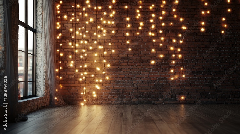 Poster a serene and festive loft wall with christmas lights gently glowing, perfect for creating a peaceful