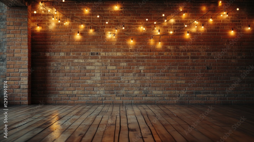 Poster a serene and festive loft wall with christmas lights gently glowing, perfect for creating a peaceful