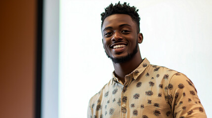 Fototapeta premium Young man giving a presentation in a classroom setting with a cheerful smile