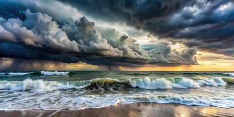 Fototapeta premium Dramatic storm clouds gather over the sea with waves crashing against the shore in turbulent motion , landscape, waves, landscape