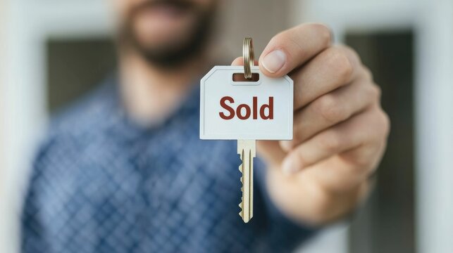 Joyful newlywed couple holding the keys to their first home celebrating the successful purchase of their new property with a Sold sign in the background - Powered by Adobe
