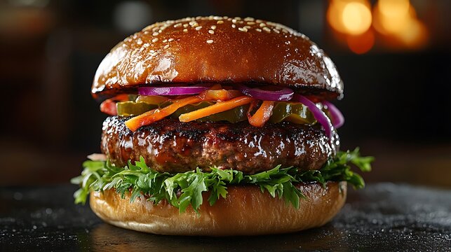 Professional culinary studio photography of a visually appealing Japanese-inspired burger with teriyaki-glazed patty, bright wasabi mayo, crunchy pickled vegetables, shredded lettuce,