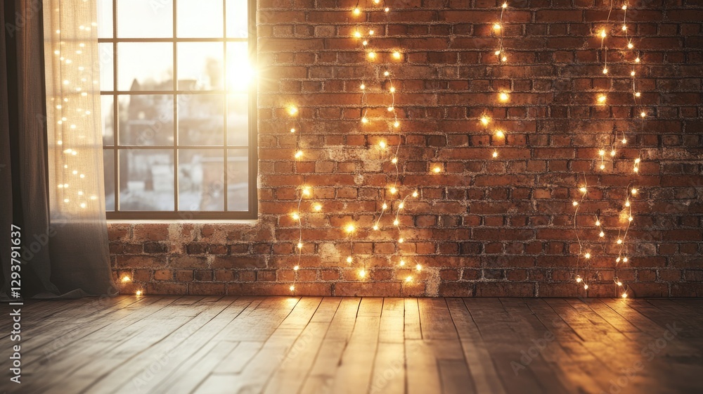 Poster a serene loft wall with softly glowing christmas lights, creating a peaceful and festive atmosphere,