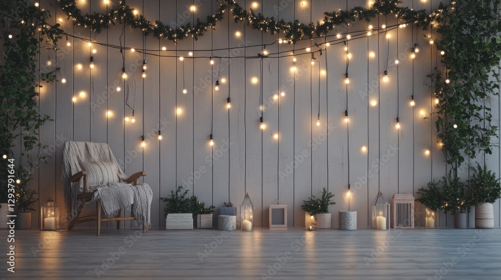 Poster a serene loft wall with softly glowing christmas lights, creating a peaceful and festive atmosphere,