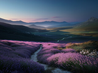 Obraz premium Lavender Field Sparkling in the Morning Sunlight