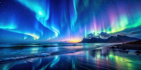 Fototapeta premium Dark blue ocean with waves gently lapping at shore under a vibrant display of colorful aurora borealis dancing across the night sky , landscape, heavenly spectacle