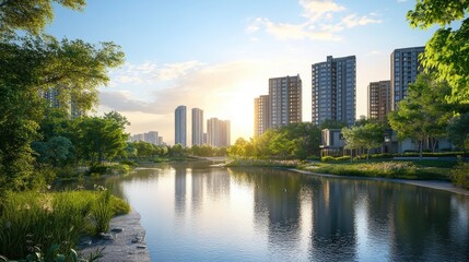 Obraz premium A serene riverside scene blending lush greenery and modern buildings, symbolizing the harmonious coexistence of nature and urban civilization