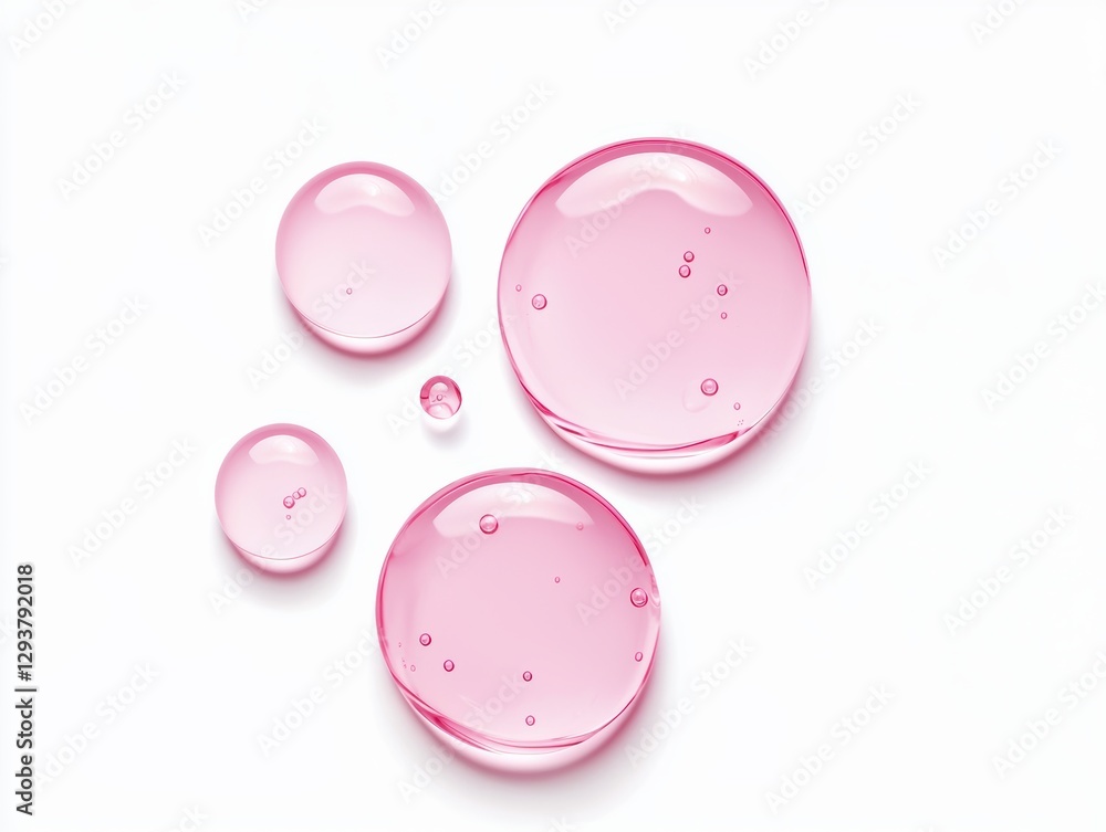 Poster pink serum drops creating a soothing and refreshing texture on white background