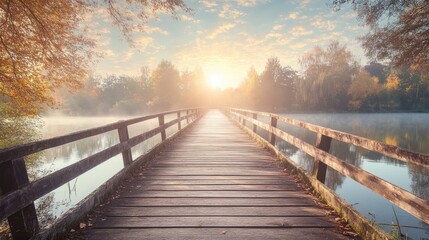 A serene wooden bridge spanning over a calm body of water, with the warm sunlight shining down, creating a peaceful and picturesque outdoor scene