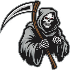 Minimalist illustration of a grim reaper with red eyes holding a scythe