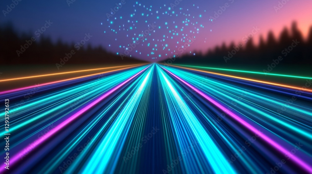 Poster a vibrant, futuristic scene of colorful light trails converging into the distance, set against a twi