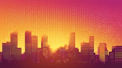 City skyline at sunset digital art, glowing buildings, abstract background