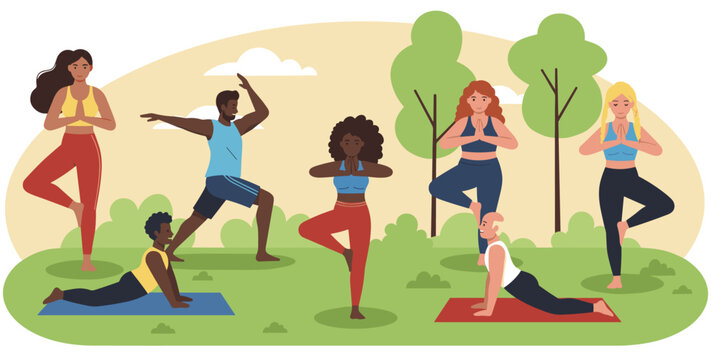 Sports inclusion with multiethnic and multigenerational group of people doing yoga in the park