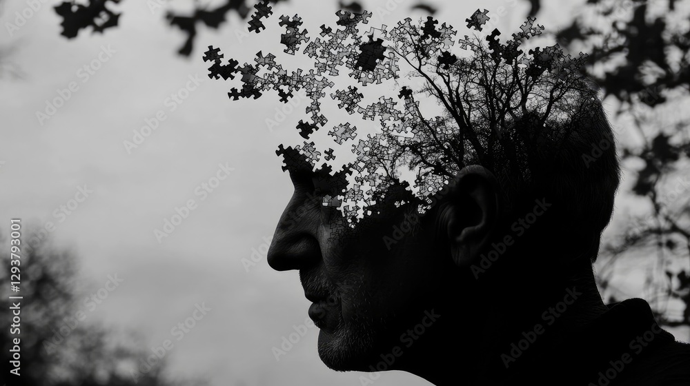 Poster a silhouette of a person head with missing pieces of a jigsaw puzzle, symbolizing memory loss and th