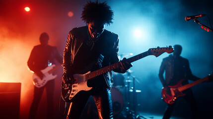 Obraz premium Dynamic live music performance with vibrant lights and energetic atmosphere in a venue