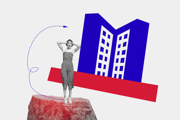 Contemporary art collage of astonished tourist girl lost hold head panic arrow gps icon apartment...