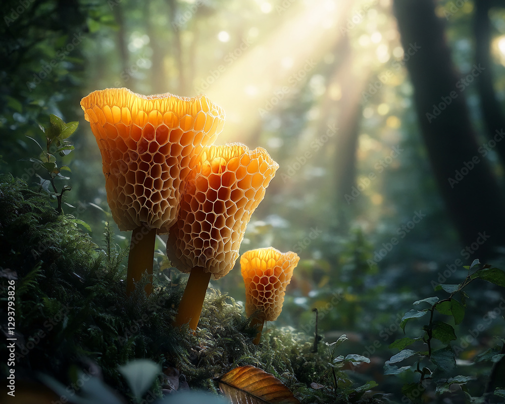 Poster Close-up of honeycomb-shaped mushrooms growing on a forest floor with sunlight filtering through the trees, symbolizing the beauty of nature, fungi, and organic growth.