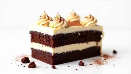 Decadent Chocolate Layer Cake Slice with Creamy Vanilla Frosting, Rich Dark Chocolate Crumbs, and Golden Garnish