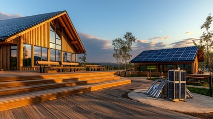 Fototapeta premium Sustainable energy community center with solar panels rural setting architecture eco-friendly environment scenic view