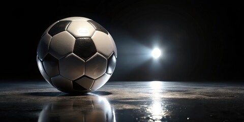 Naklejka premium A soccer ball resting on a black surface with its panels reflected in the surrounding darkness, nighttime scene, evening glow
