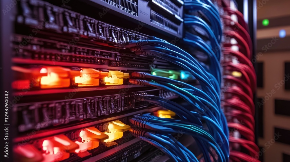Poster A sleek server rack setup featuring organized, color-coded cables linked to a switch panel, illustrating a well-maintained and advanced network infrastructure