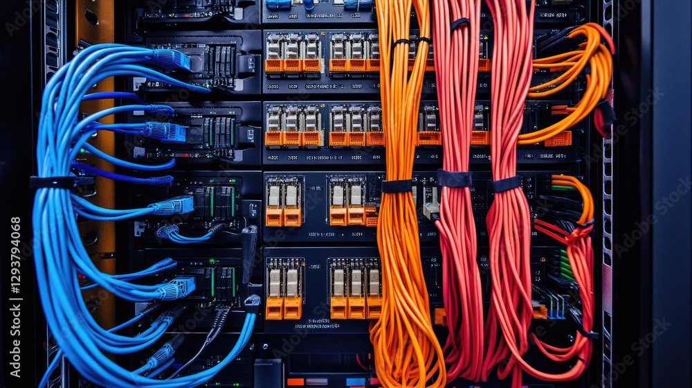 Poster A sleek server rack setup featuring organized, color-coded cables linked to a switch panel, illustrating a well-maintained and advanced network infrastructure
