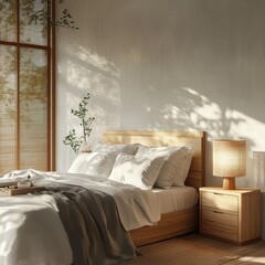 A minimalist bedroom with warm lighting and white linens