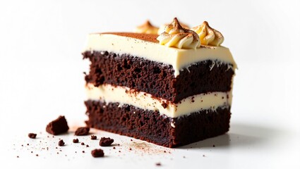 Decadent Chocolate Layer Cake Slice with Creamy Vanilla Frosting, Rich Dark Chocolate Crumbs, and Golden Garnish