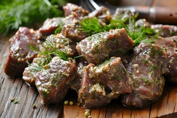 Delicious Marinated Beef Cubes with Dill,   Close-up Food Photography
