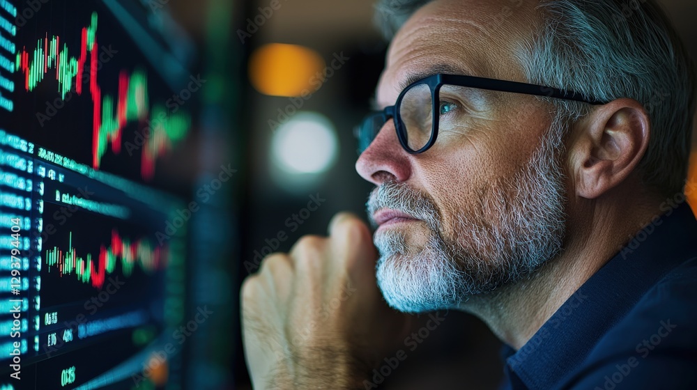 Poster man analyzing stock market data on a digital screen.